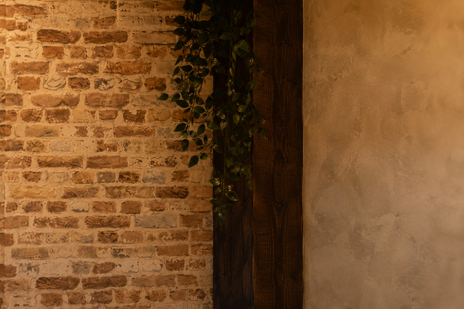 Pared de ladrillo con viga de madera y planta colgante en el salón de Vino y Verás, Las Tablas