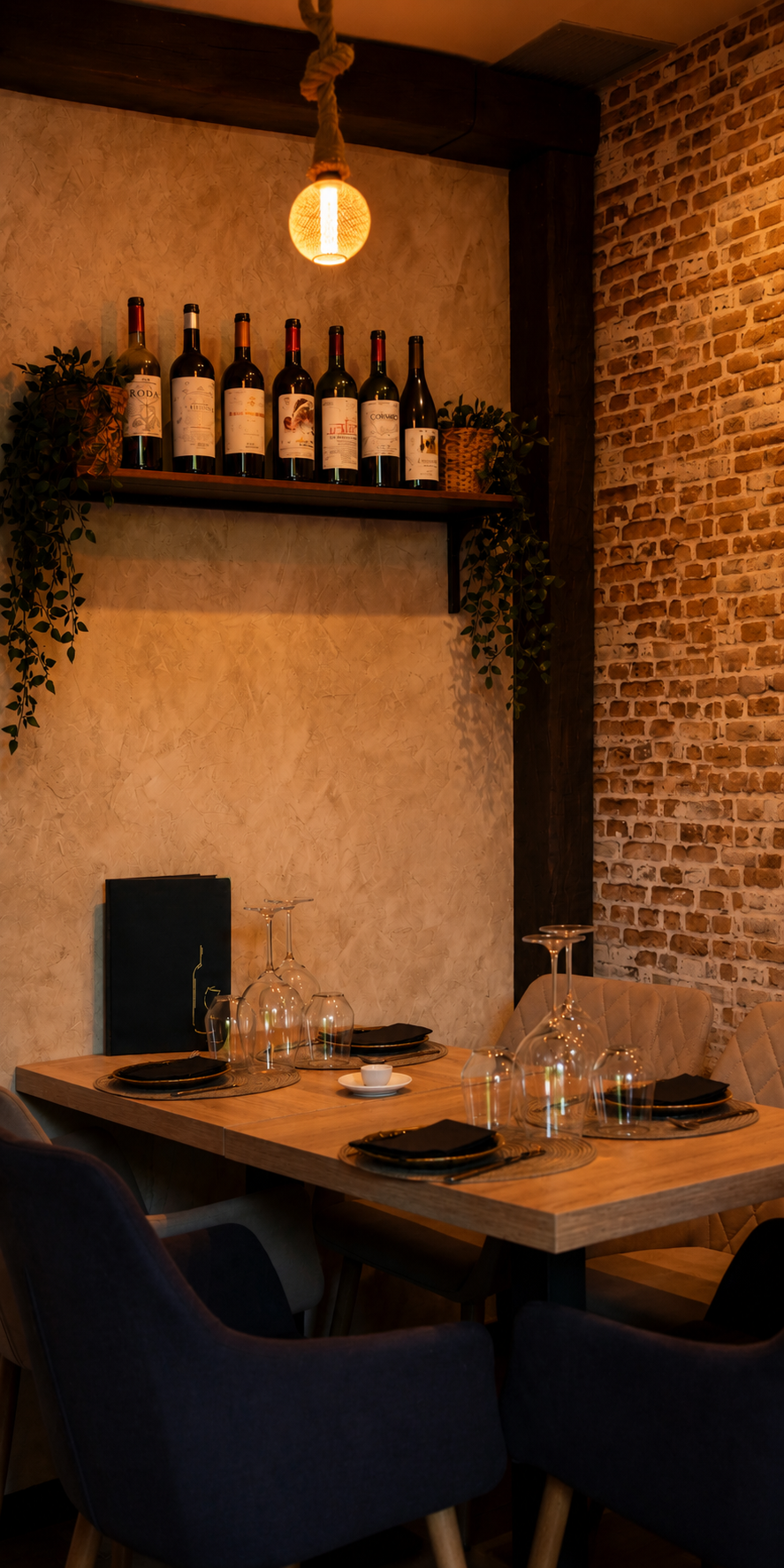 Interior de Vino y Verás: estantería con botellas de vino, lámpara cálida, pared de ladrillo y mesa preparada en Las Tablas, Madrid